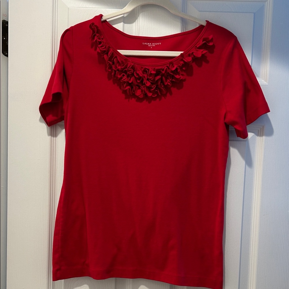 Laura Scott Scarlet Ruffle Neck Tee